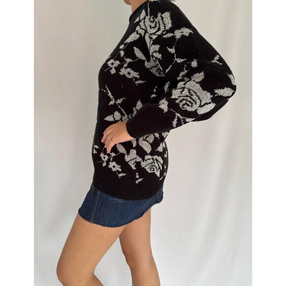 80s vintage black metallic floral print long sleeved knit sweater made in USA - Picture 3 of 9